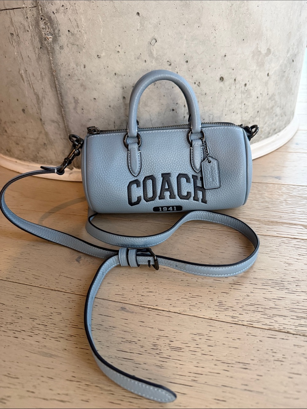 Coach Light Blue Pebbled Leather Barrel Crossbody